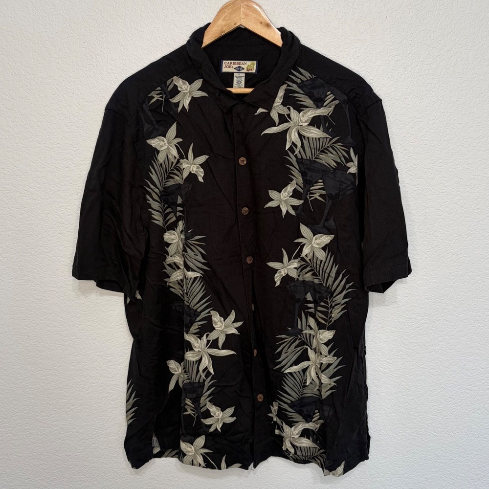 Caribbean Joe Mens Large Black Floral Tropical Rayon Button Down Aloha Shirt